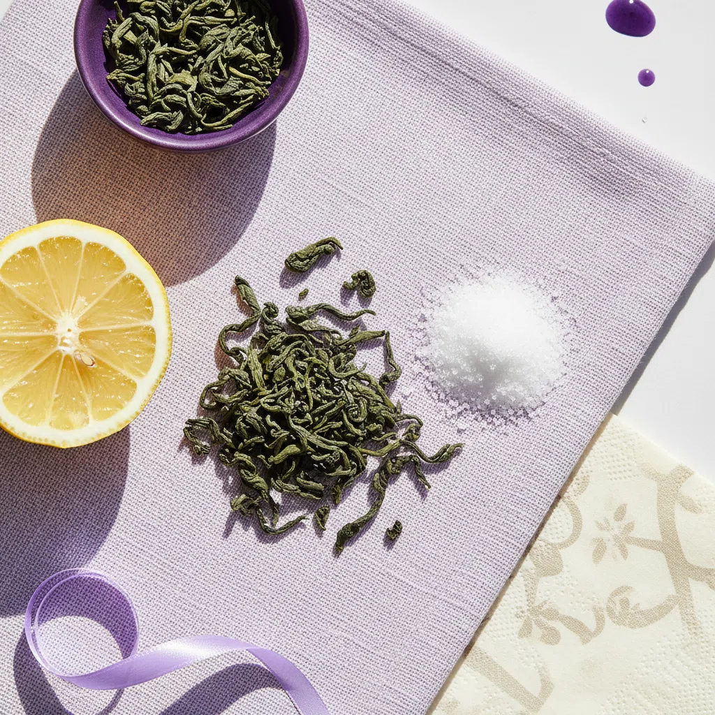 Macro photograph of green tea leaves and L-Carnitine powder beside a halved lemon on lavender linen