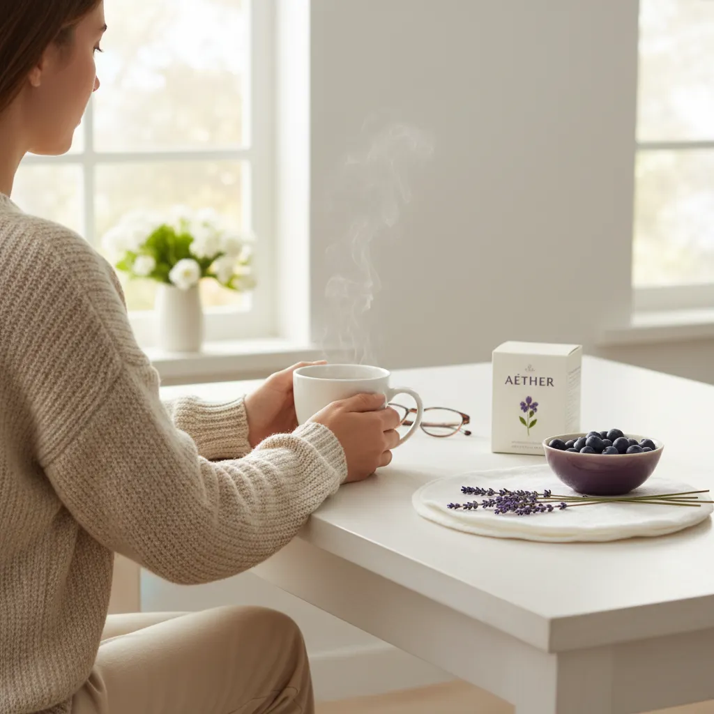 Person from behind holding a steaming mug at a bright kitchen table, a calm start to an active day