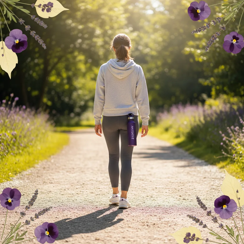 Anonymous person from behind walking on a sunlit park path in casual athleisure, an active lifestyle scene