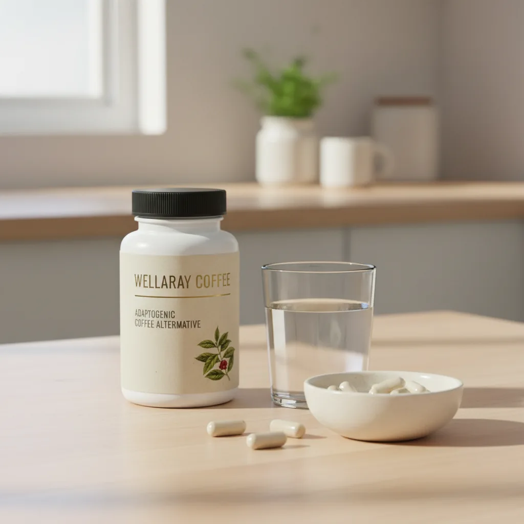 Wellaray Coffee box open beside a sachet and a warm mug on a wooden surface
